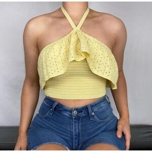 ZARA Womens Crochet Butter Yellow Floral Ruffle Halter Crop‎ Top Size S Summer